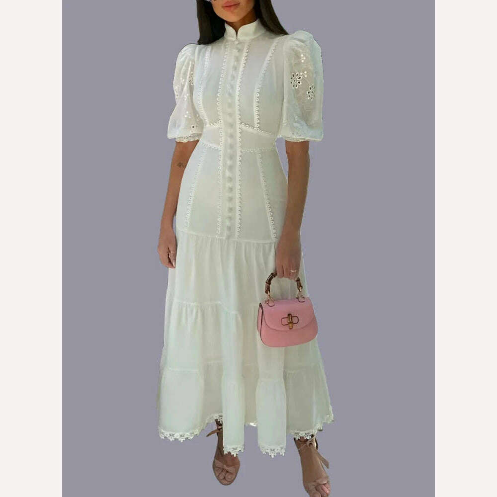 VGH Casual Solid Dress For Women Stand Collar Short Puff Sleeve High Waist Patchwork Lace Long Dresses Female Fashion Clothing - KIMLUD