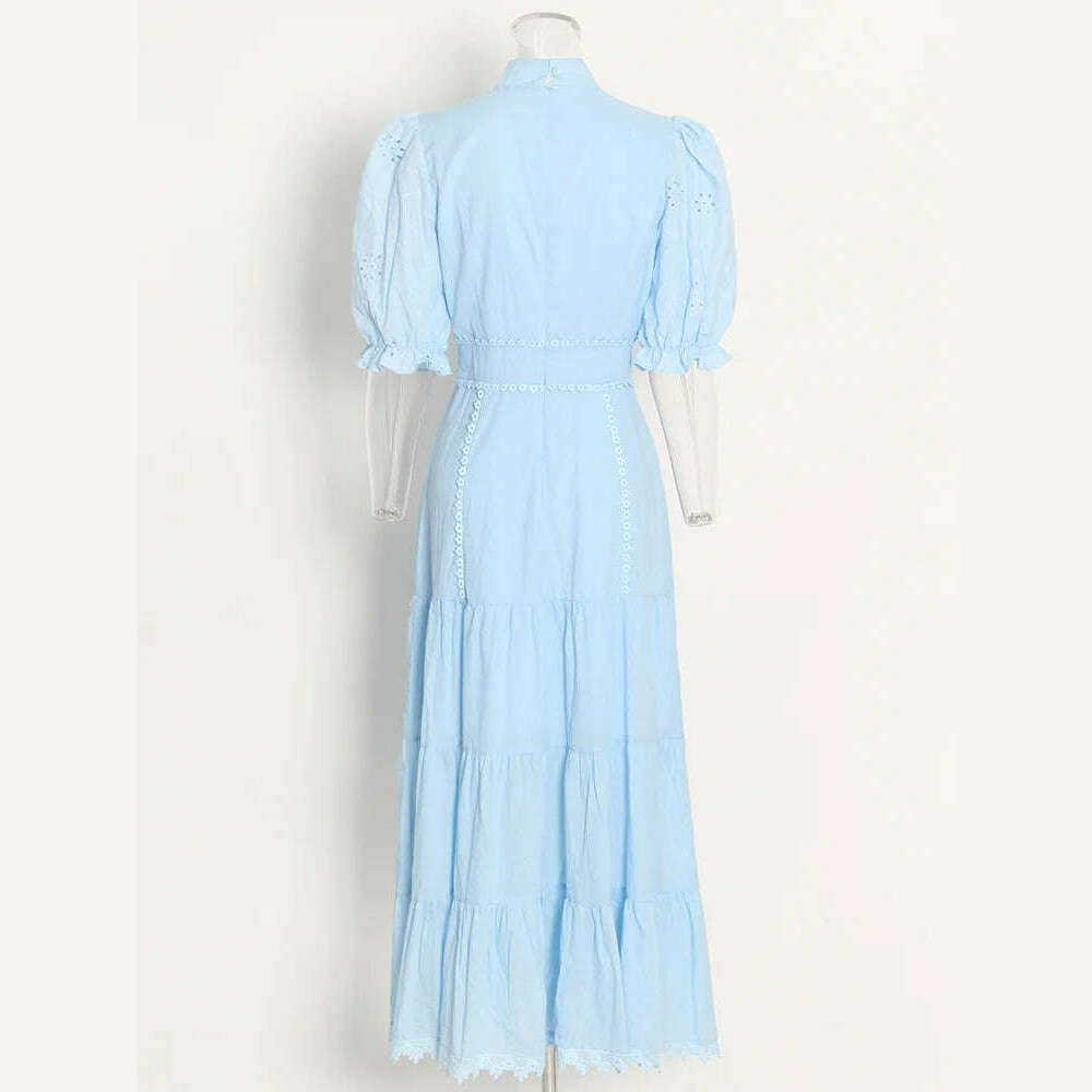 VGH Casual Solid Dress For Women Stand Collar Short Puff Sleeve High Waist Patchwork Lace Long Dresses Female Fashion Clothing - KIMLUD