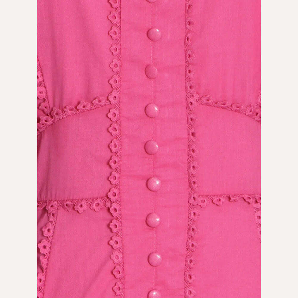 VGH Casual Solid Dress For Women Stand Collar Short Puff Sleeve High Waist Patchwork Lace Long Dresses Female Fashion Clothing - KIMLUD