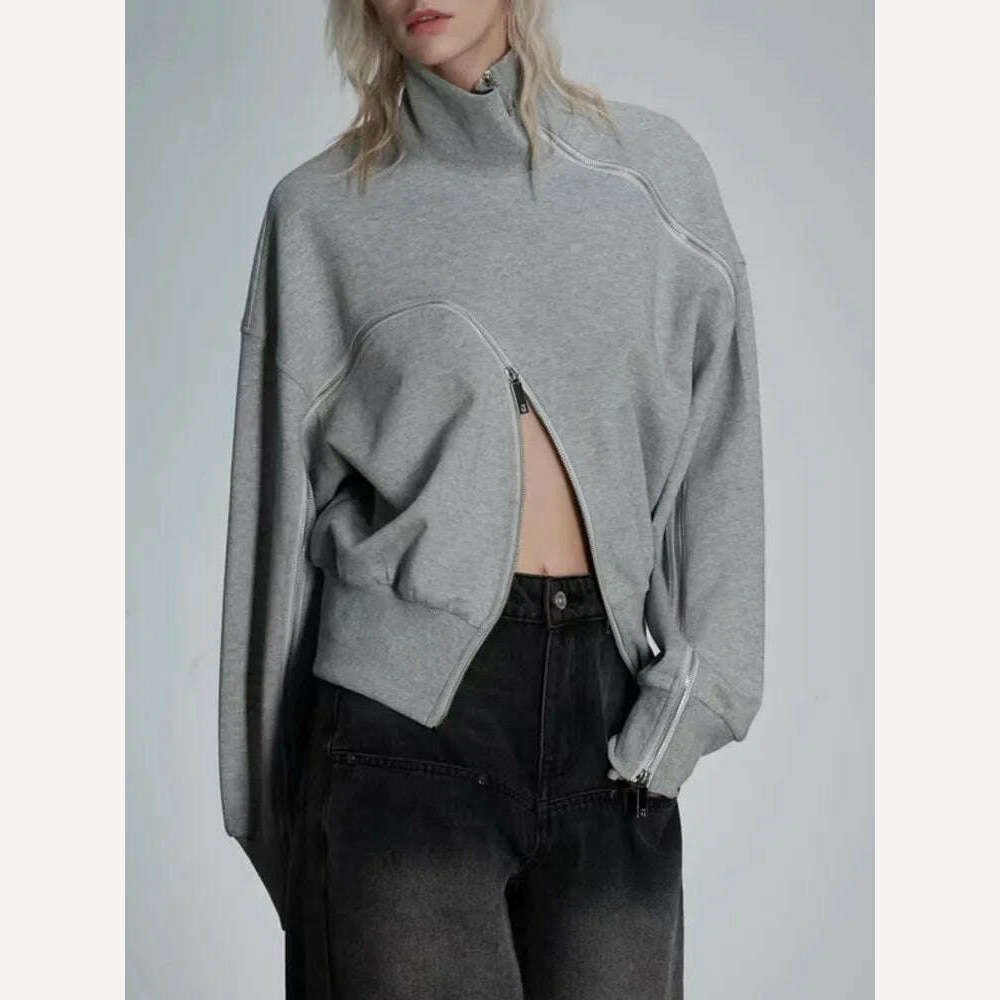KIMLUD, VGH Casual Solid Sweatshirts For Women Turtleneck Long Sleeve Patchwork Zipper Irregular Loose Sweatshirt Female Fashion Style, KIMLUD Women's Clothes