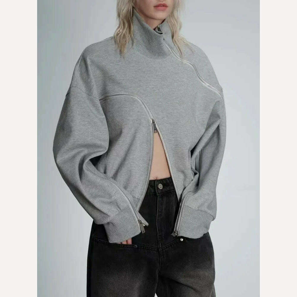 KIMLUD, VGH Casual Solid Sweatshirts For Women Turtleneck Long Sleeve Patchwork Zipper Irregular Loose Sweatshirt Female Fashion Style, KIMLUD Womens Clothes