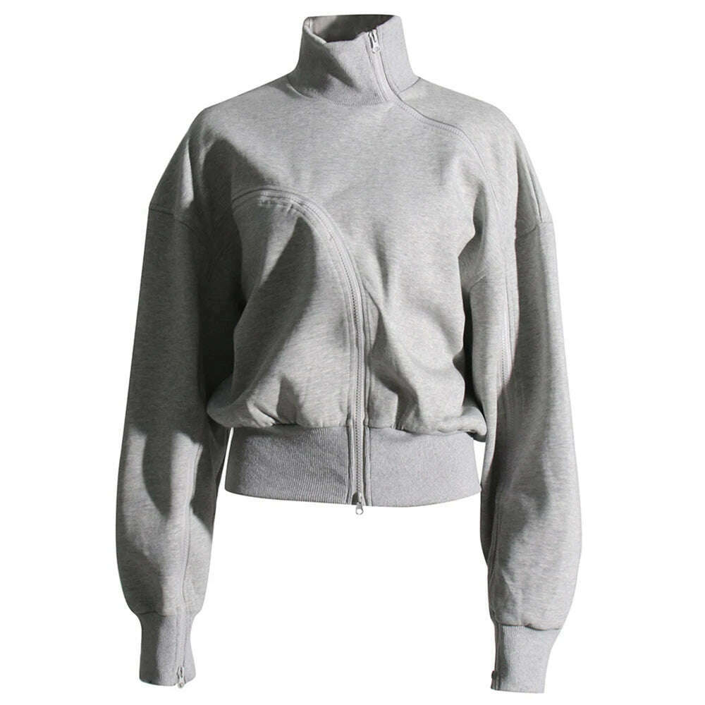 KIMLUD, VGH Casual Solid Sweatshirts For Women Turtleneck Long Sleeve Patchwork Zipper Irregular Loose Sweatshirt Female Fashion Style, GRAY / S, KIMLUD Womens Clothes