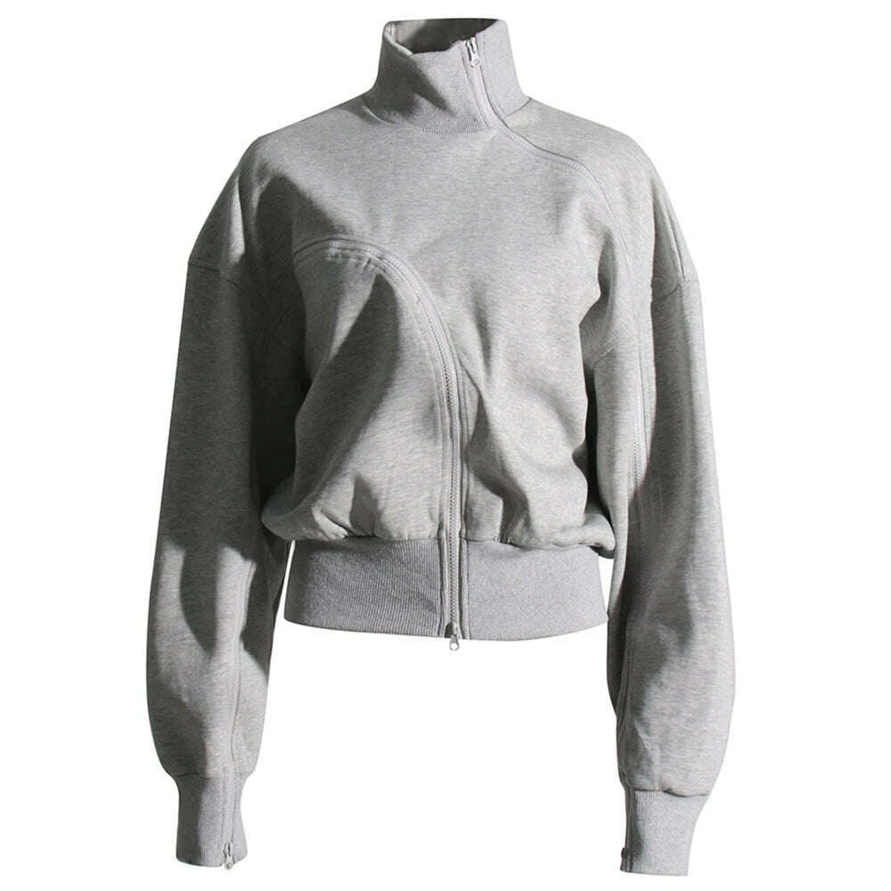 KIMLUD, VGH Casual Solid Sweatshirts For Women Turtleneck Long Sleeve Patchwork Zipper Irregular Loose Sweatshirt Female Fashion Style, GRAY / S, KIMLUD APPAREL - Womens Clothes