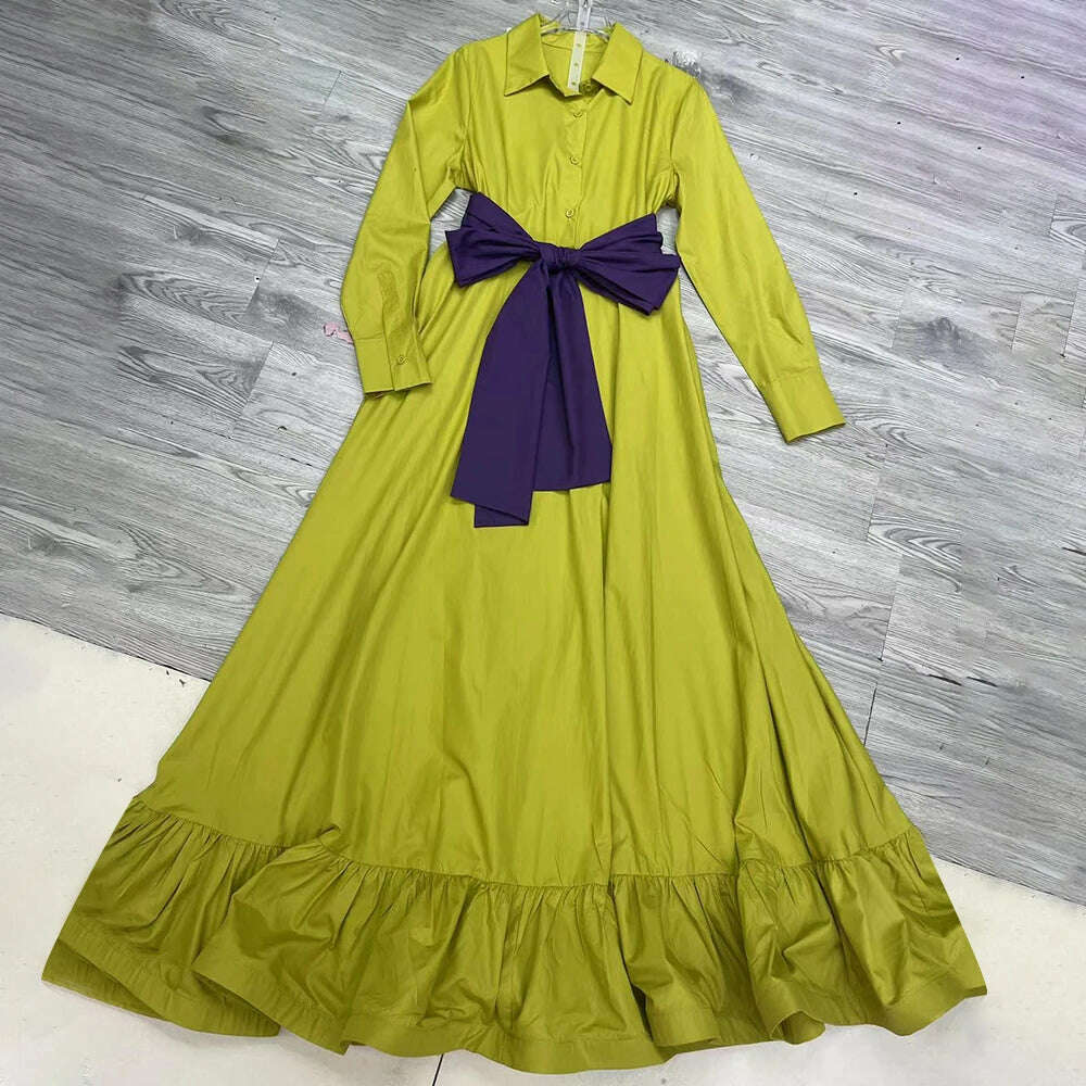 KIMLUD, VGH Colorblock Elegant Dresses For Women Lapel Long Sleeve High Waist Patchwork Bowknot Temperament Dress Female Fashion Style, KIMLUD Womens Clothes