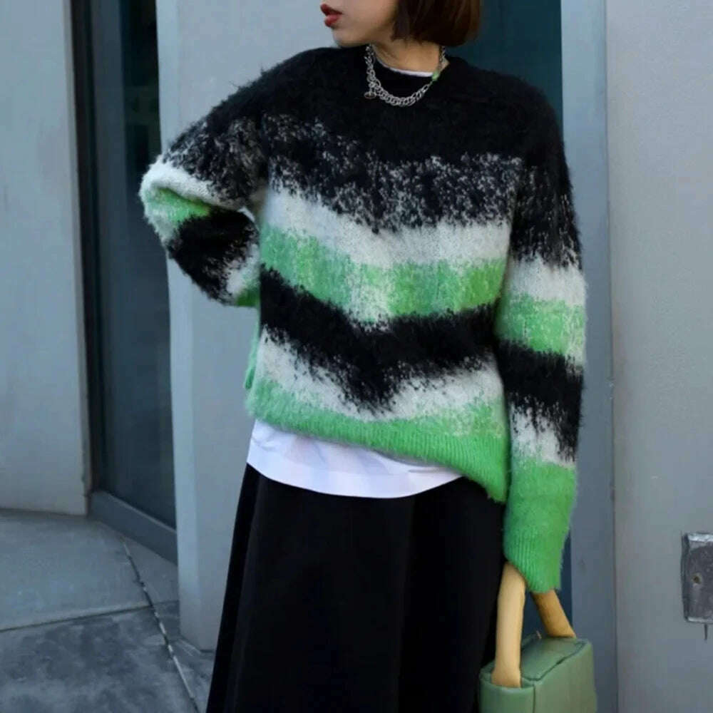 KIMLUD, VGH Colorblock Striped Casual Knitting Sweaters For Women Round Neck Long Sleeve Minimalist Loose Pullover Sweater Female New, Aspicture / One Size, KIMLUD APPAREL - Womens Clothes