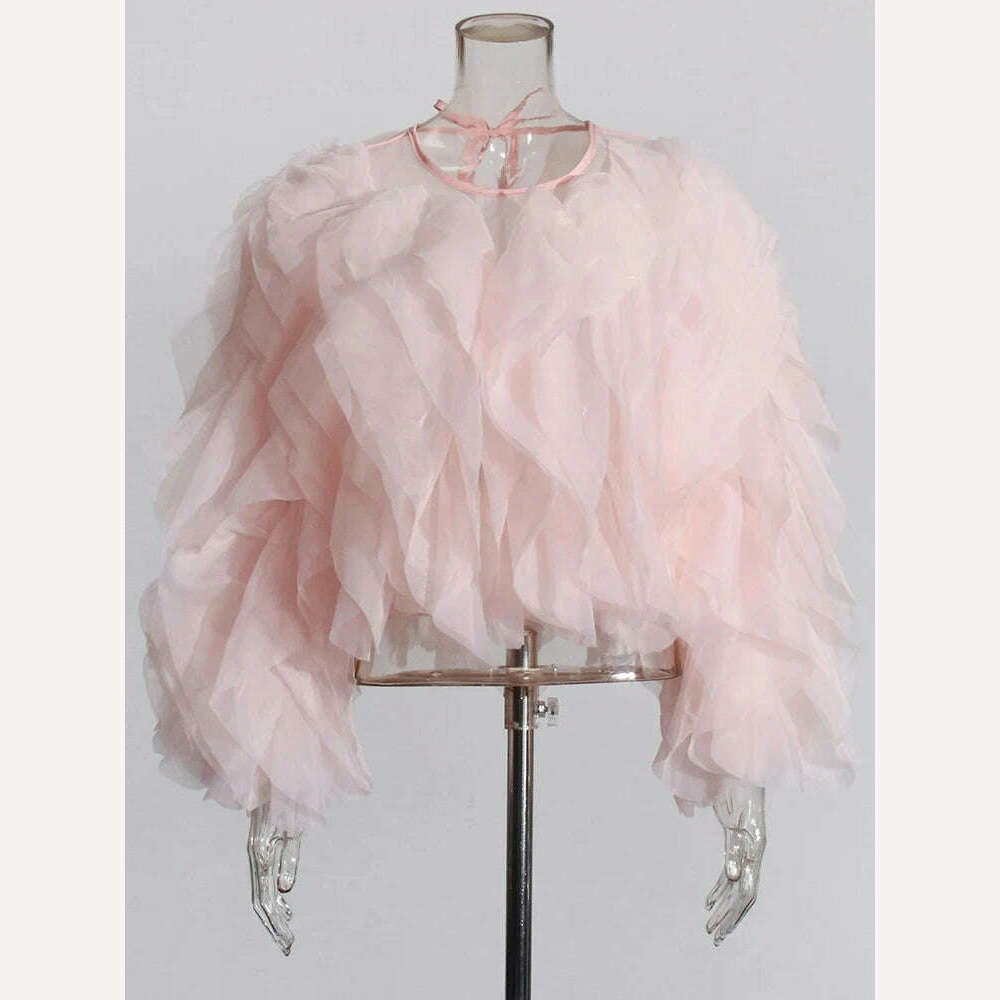 KIMLUD, VGH Elegant Patchwork Ruffle Chiffon Blouses Women O Neck Lantern Long Sleeve Loose Shirt Female Clothes Fashion Summer 2022 New, KIMLUD Womens ClothesKIMLUD, VGH Elegant Patchwork Ruffle Chiffon Blouses Women O Neck Lantern Long Sleeve Loose Shirt Female Clothes Fashion Summer 2022 New, Pink / XL, KIMLUD APPAREL - Womens Clothes