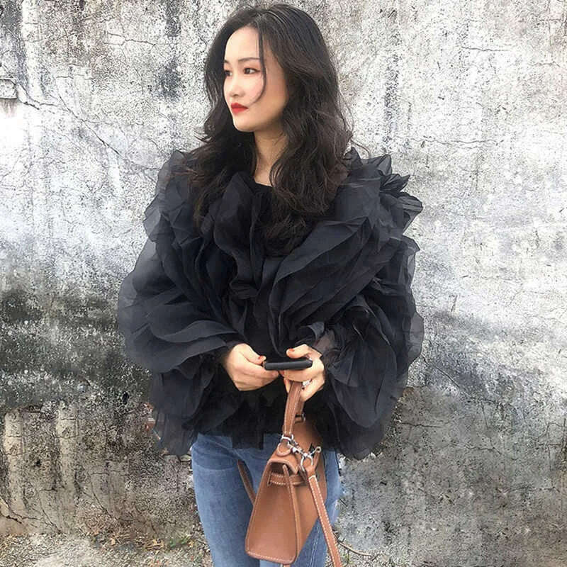 KIMLUD, VGH Elegant Patchwork Ruffle Chiffon Blouses Women O Neck Lantern Long Sleeve Loose Shirt Female Clothes Fashion Summer 2022 New, KIMLUD Womens ClothesKIMLUD, VGH Elegant Patchwork Ruffle Chiffon Blouses Women O Neck Lantern Long Sleeve Loose Shirt Female Clothes Fashion Summer 2022 New, black / S, KIMLUD APPAREL - Womens Clothes