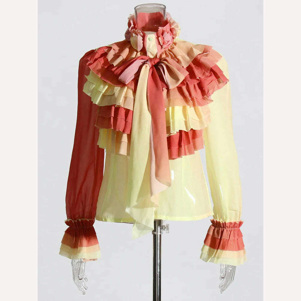 KIMLUD, VGH Elegant Perspective Shirts Female Bowknot Flare Long Sleeve Ruffles Shirt Blouse For Women Fashion Clothes 2023 Style New, KIMLUD Womens Clothes