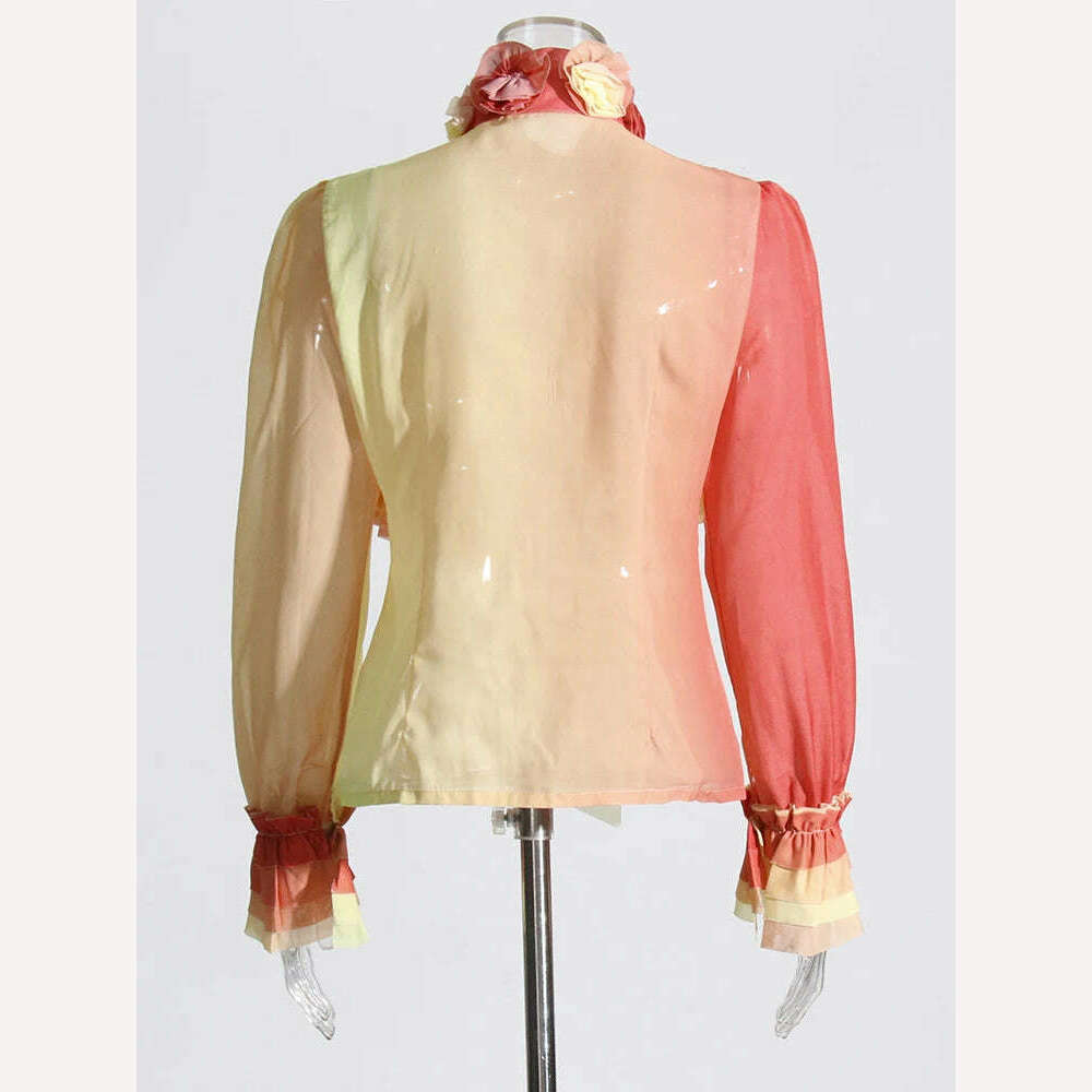 KIMLUD, VGH Elegant Perspective Shirts Female Bowknot Flare Long Sleeve Ruffles Shirt Blouse For Women Fashion Clothes 2023 Style New, KIMLUD Womens Clothes