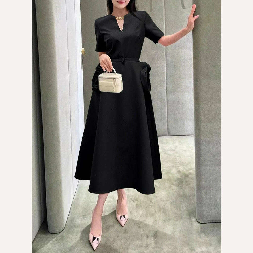 VGH Elegant Solid Patchwork Appliques Dresses For Women V Neck Short Sleeve High Waist Spliced Belt Temperament Dress Female New - KIMLUD