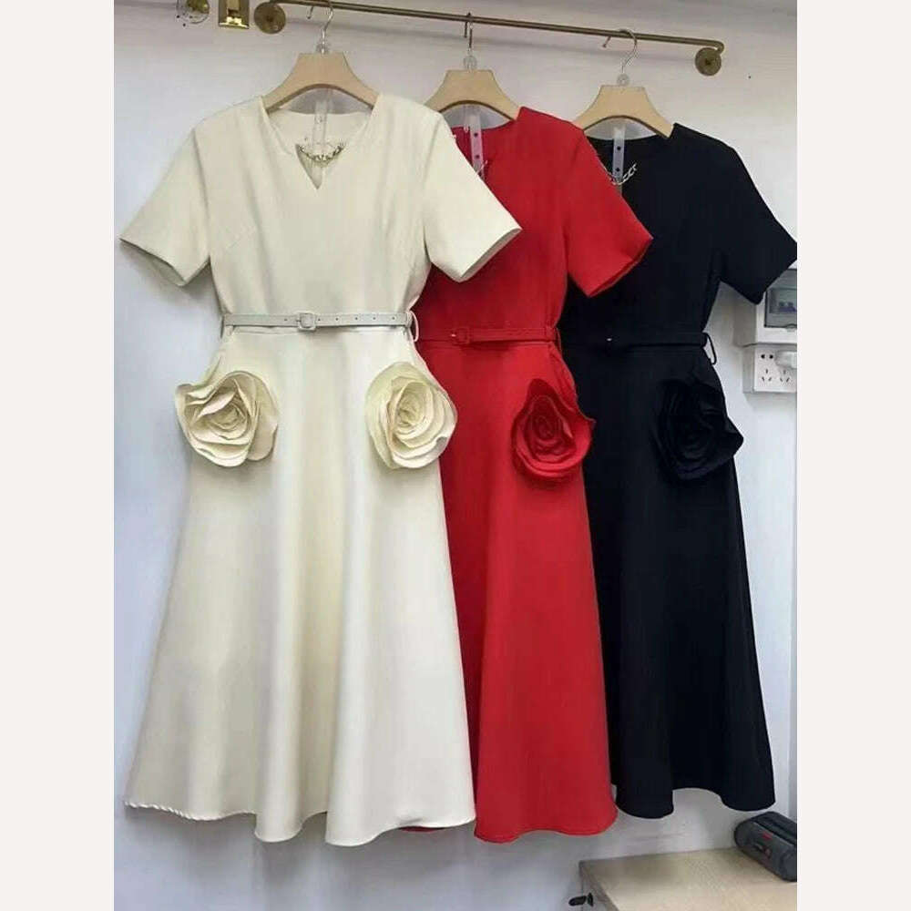 VGH Elegant Solid Patchwork Appliques Dresses For Women V Neck Short Sleeve High Waist Spliced Belt Temperament Dress Female New - KIMLUD