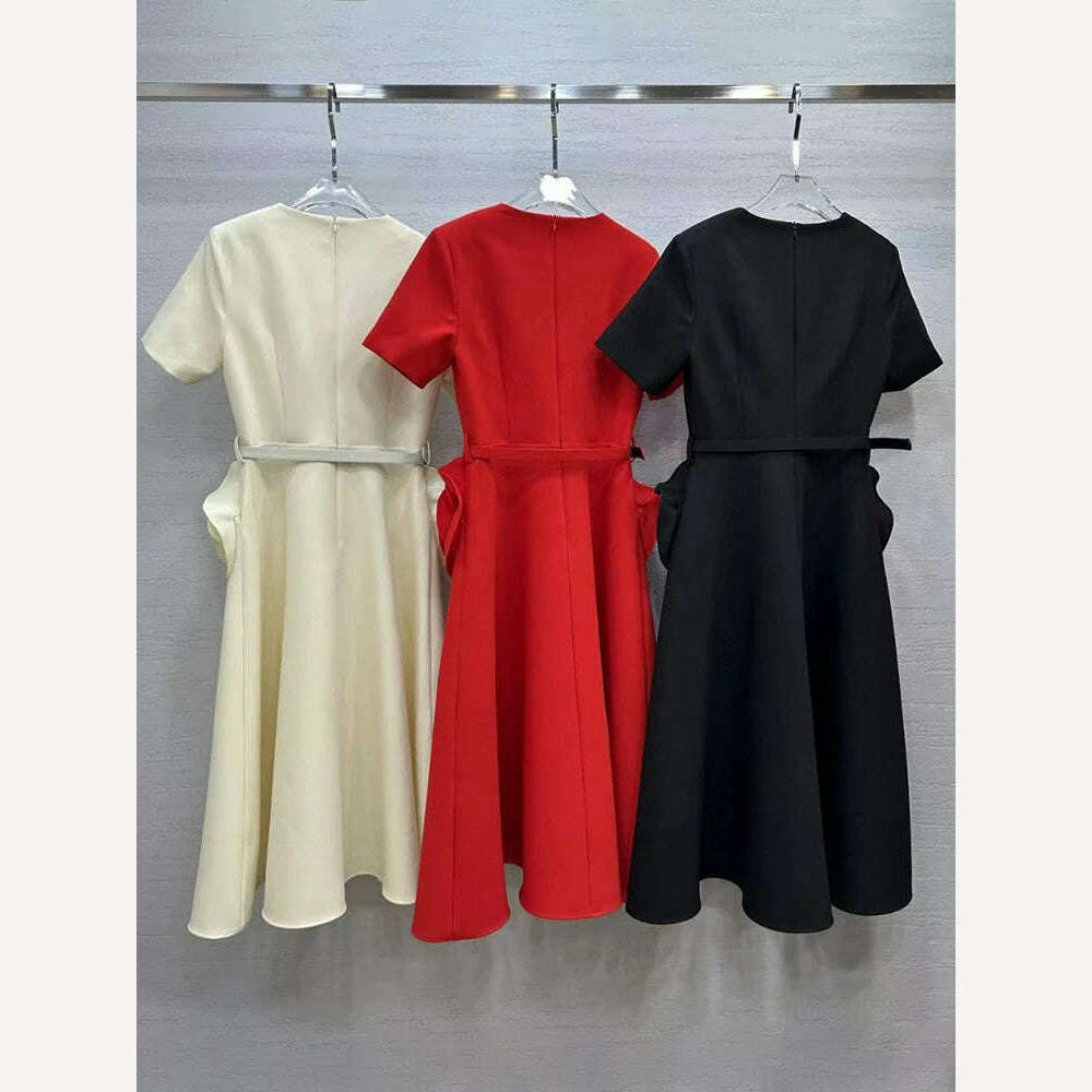 VGH Elegant Solid Patchwork Appliques Dresses For Women V Neck Short Sleeve High Waist Spliced Belt Temperament Dress Female New - KIMLUD