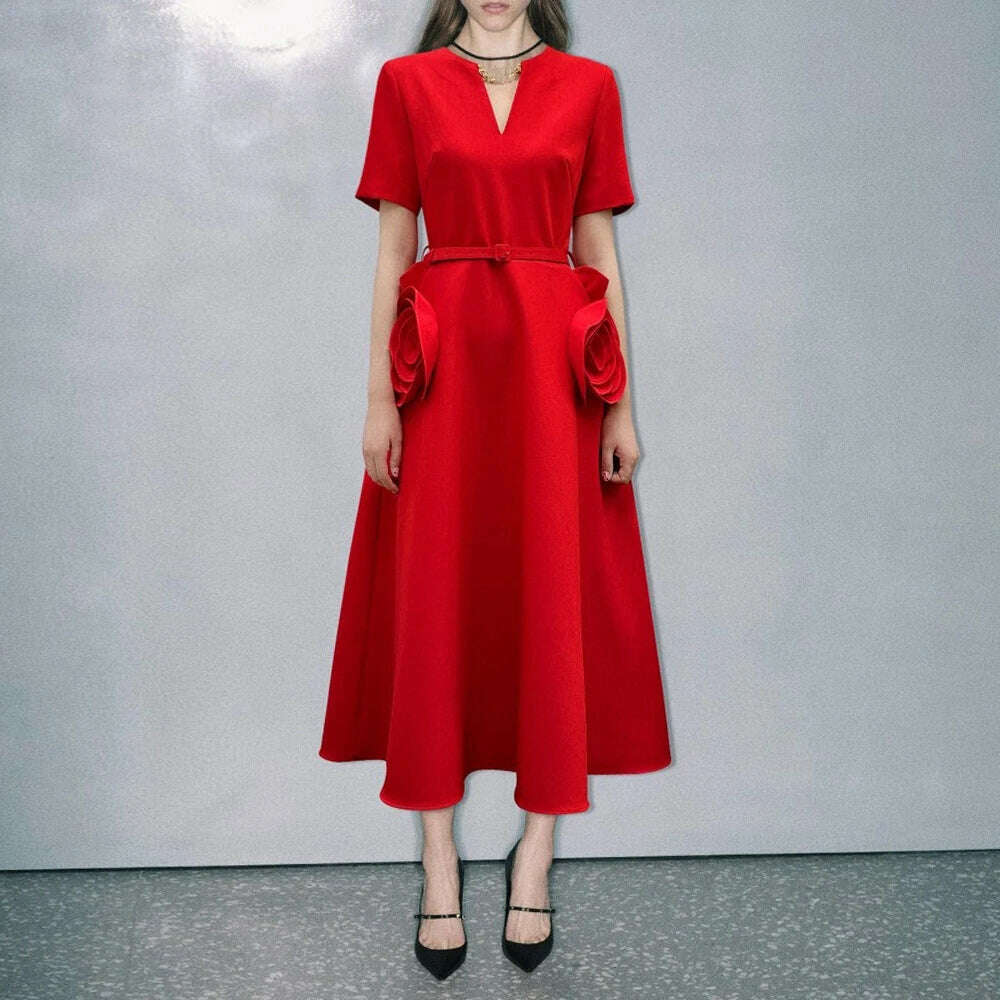 VGH Elegant Solid Patchwork Appliques Dresses For Women V Neck Short Sleeve High Waist Spliced Belt Temperament Dress Female New - KIMLUD