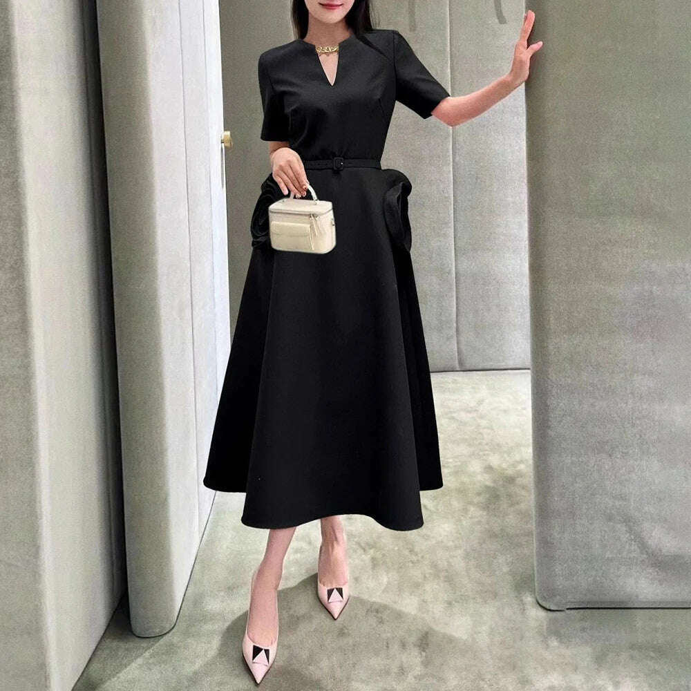 VGH Elegant Solid Patchwork Appliques Dresses For Women V Neck Short Sleeve High Waist Spliced Belt Temperament Dress Female New - KIMLUD