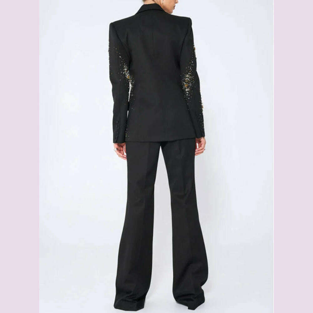 KIMLUD, VGH Elegant Two Piece Sets For Women Notched Collar Long Sleeve Blazer High Waist Wide Leg Pants Spliced Diamonds Set Female New, KIMLUD Womens Clothes