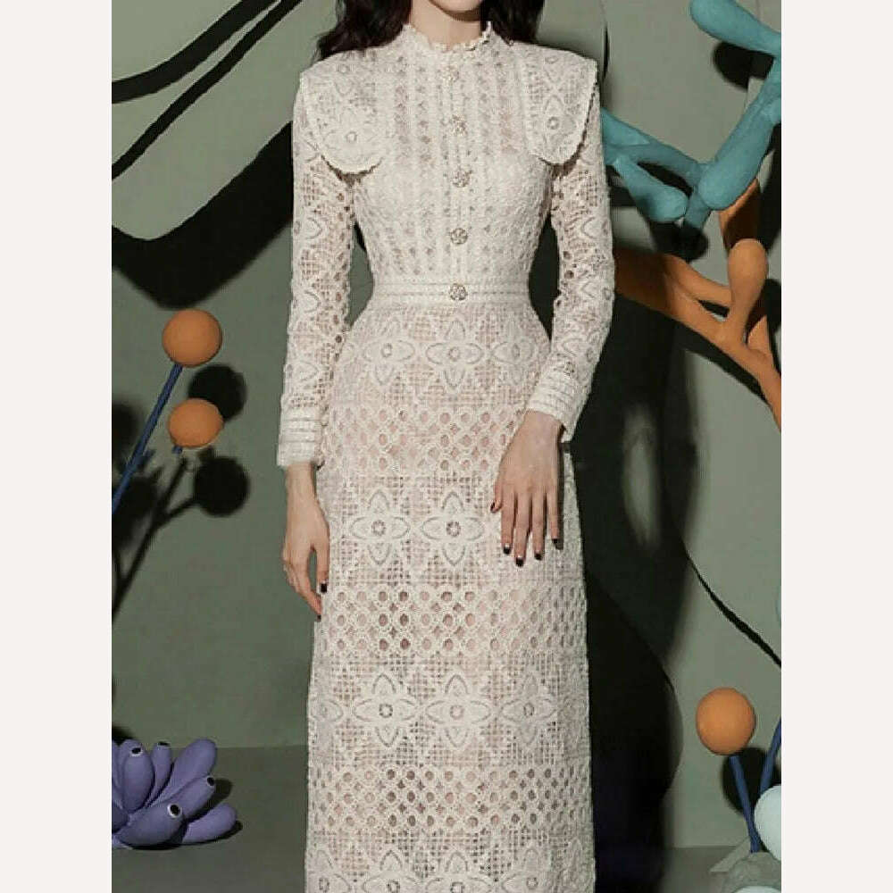 KIMLUD, VGH Embroidery Vintage Dresses For Women Stand Collar Long Sleeve High Waist Slimming Spliced Buttons Long Dress Female Spring, KIMLUD Womens Clothes