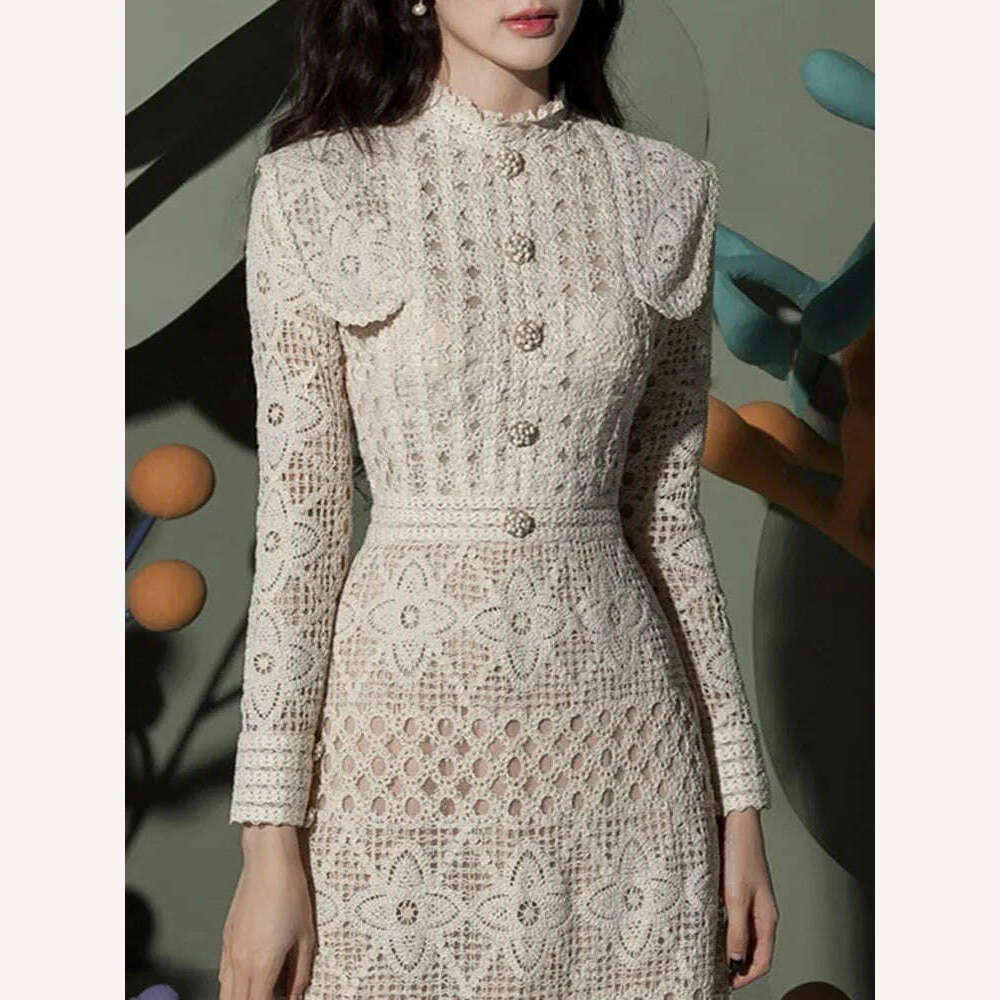 KIMLUD, VGH Embroidery Vintage Dresses For Women Stand Collar Long Sleeve High Waist Slimming Spliced Buttons Long Dress Female Spring, KIMLUD Womens Clothes