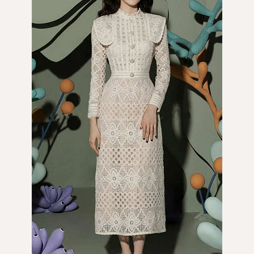 KIMLUD, VGH Embroidery Vintage Dresses For Women Stand Collar Long Sleeve High Waist Slimming Spliced Buttons Long Dress Female Spring, KIMLUD Womens Clothes