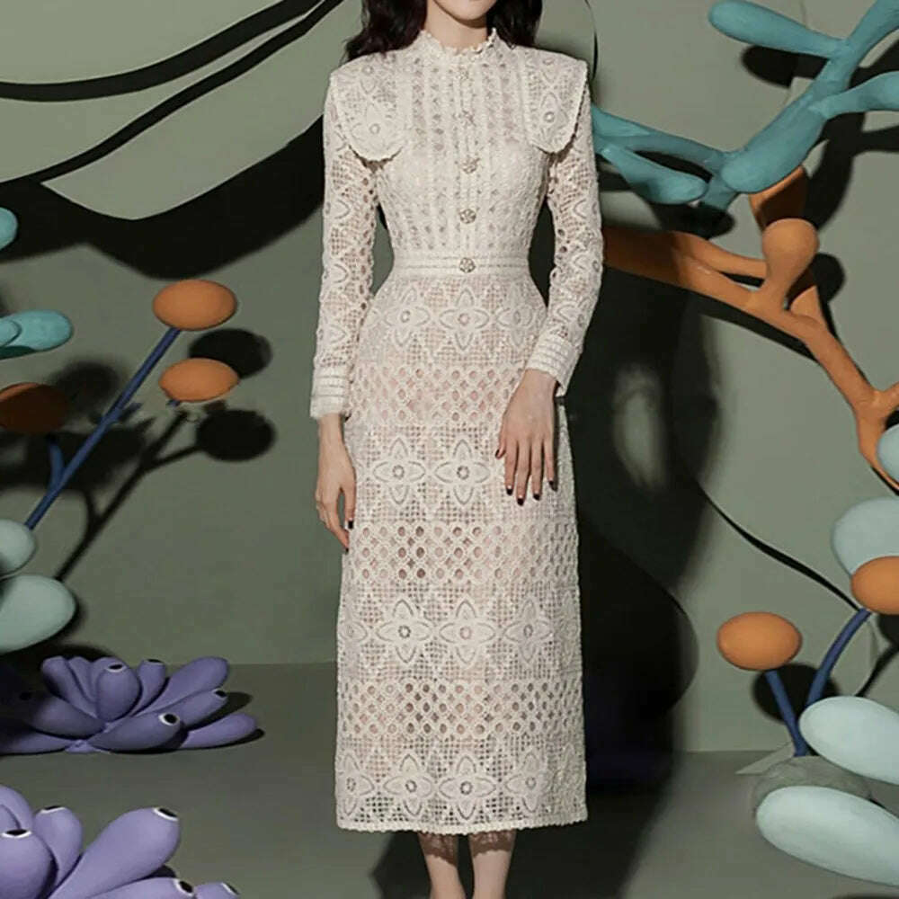 KIMLUD, VGH Embroidery Vintage Dresses For Women Stand Collar Long Sleeve High Waist Slimming Spliced Buttons Long Dress Female Spring, Aspicture / L, KIMLUD APPAREL - Womens Clothes