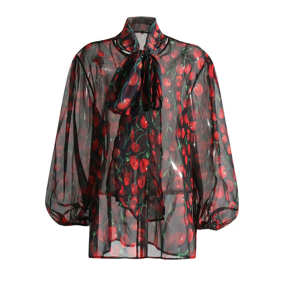 KIMLUD, VGH Fruit Printing Spliced Sheer Mesh Loose Blouse For Women V Neck Long Sleeve Patchwork Lace Up Vintage Shirt Female Fashion, Aspicture / XL, KIMLUD APPAREL - Womens Clothes