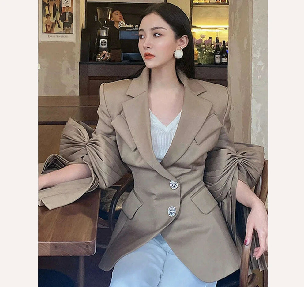 KIMLUD, VGH High Street Plain Blazers For Women Notched Long Sleeve Single Breasted Patchwork Folds Coats Female 2022 Spring Clothes New, KIMLUD Womens Clothes