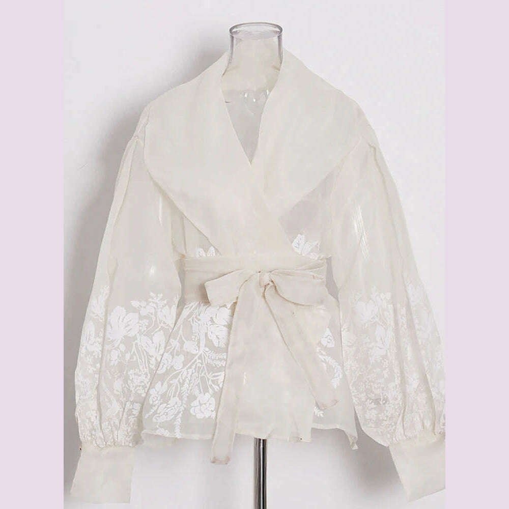 VGH Hit Color Floral Printing Casual Shirts For Women Lapel Lantern Sleeve Patchwork Lace Up Looae Blouses Female Fashion Style - KIMLUD