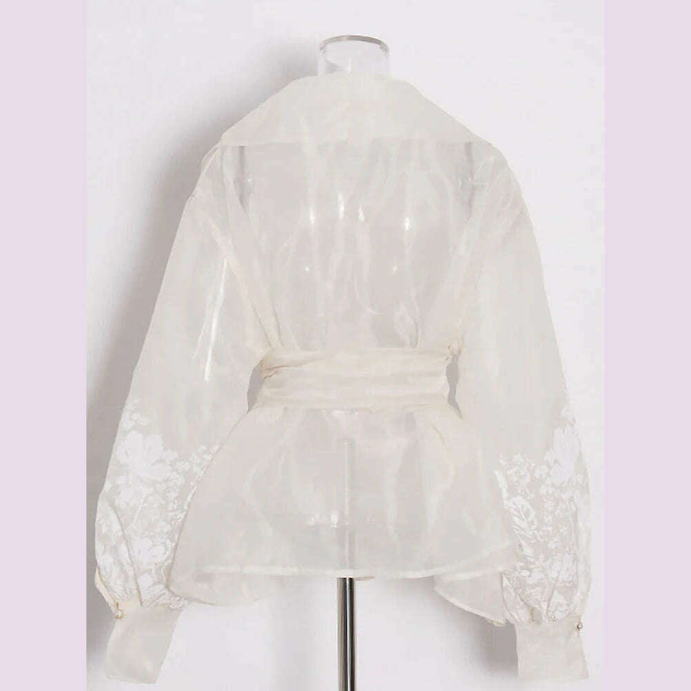 VGH Hit Color Floral Printing Casual Shirts For Women Lapel Lantern Sleeve Patchwork Lace Up Looae Blouses Female Fashion Style - KIMLUD