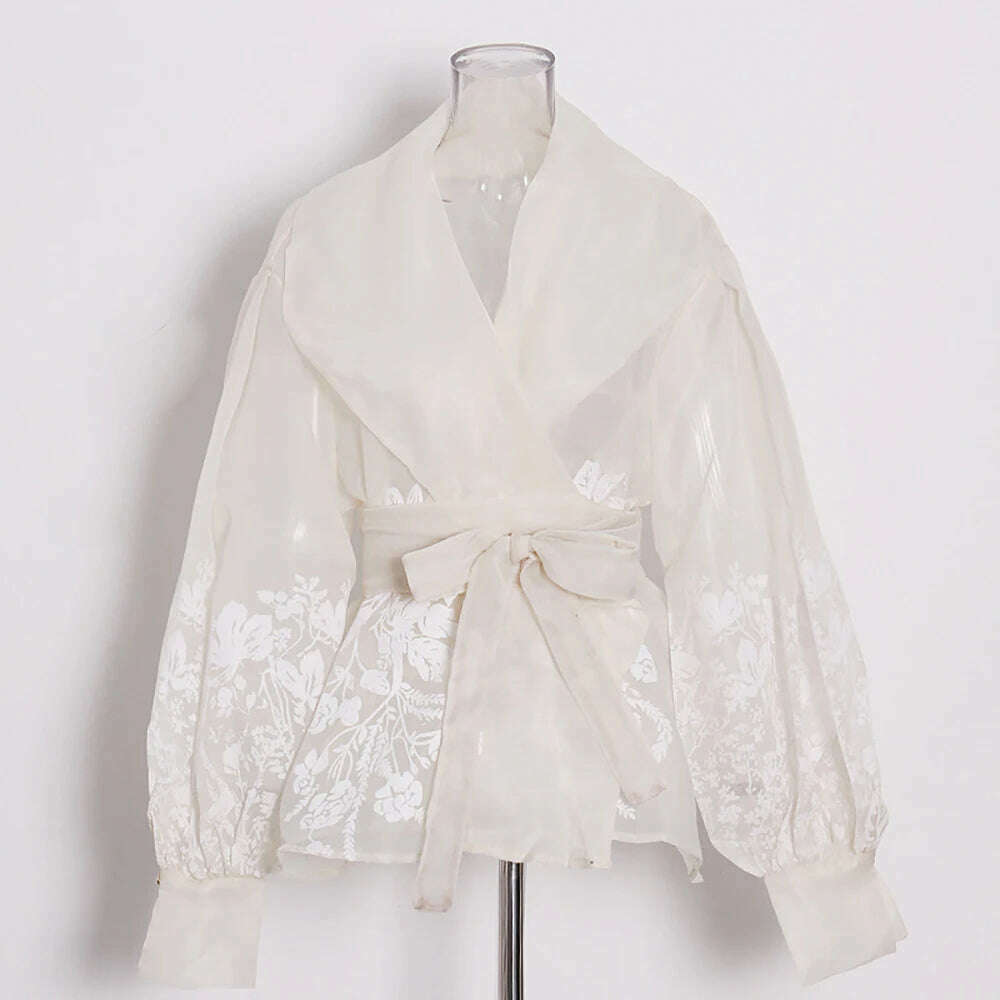 VGH Hit Color Floral Printing Casual Shirts For Women Lapel Lantern Sleeve Patchwork Lace Up Looae Blouses Female Fashion Style - KIMLUD