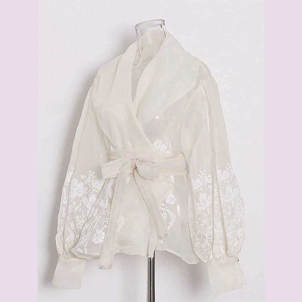 VGH Hit Color Floral Printing Casual Shirts For Women Lapel Lantern Sleeve Patchwork Lace Up Looae Blouses Female Fashion Style - KIMLUD