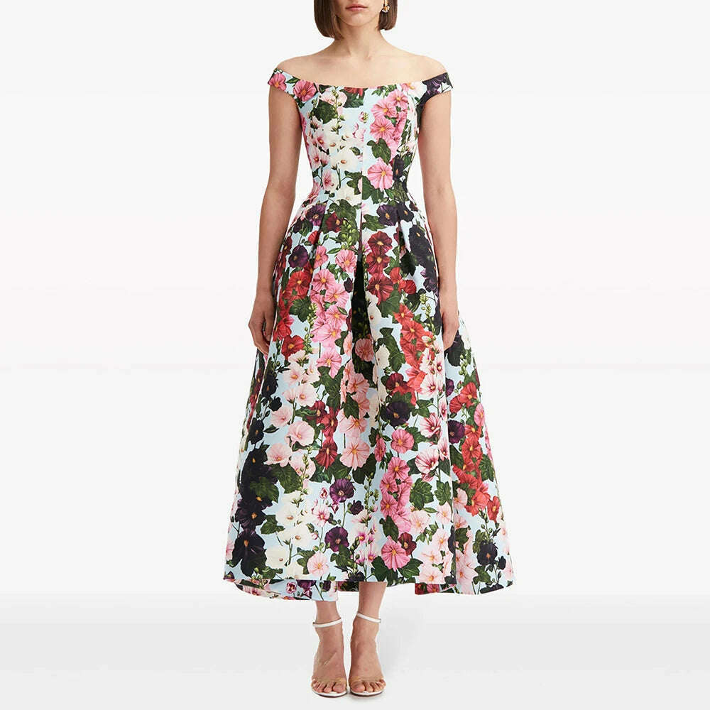 KIMLUD, VGH Hit Color Floral Printing Elegant Dresses For Women Slash Neck Off Shoulder Sleeveless High Waist Vintage Party Dress Female, M / BLUE, KIMLUD APPAREL - Womens Clothes