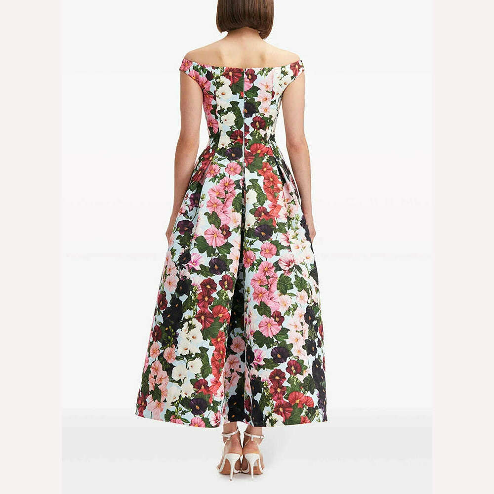 KIMLUD, VGH Hit Color Floral Printing Elegant Dresses For Women Slash Neck Off Shoulder Sleeveless High Waist Vintage Party Dress Female, KIMLUD Womens Clothes