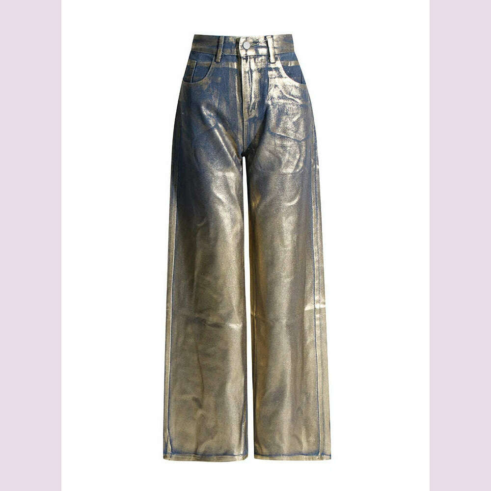 VGH Hit Color Gradient Casual Denim Trousers For Women High Waist Spliced Button Streetwear Loose Straight Jeans Female Style - KIMLUD