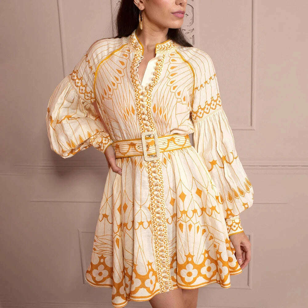 KIMLUD, VGH Hit Color Patchwork Belt Elegant Dress For Women Stand Collar Lantern Sleeve High Waist Spliced Button Mini Dresses Female, KIMLUD Womens Clothes