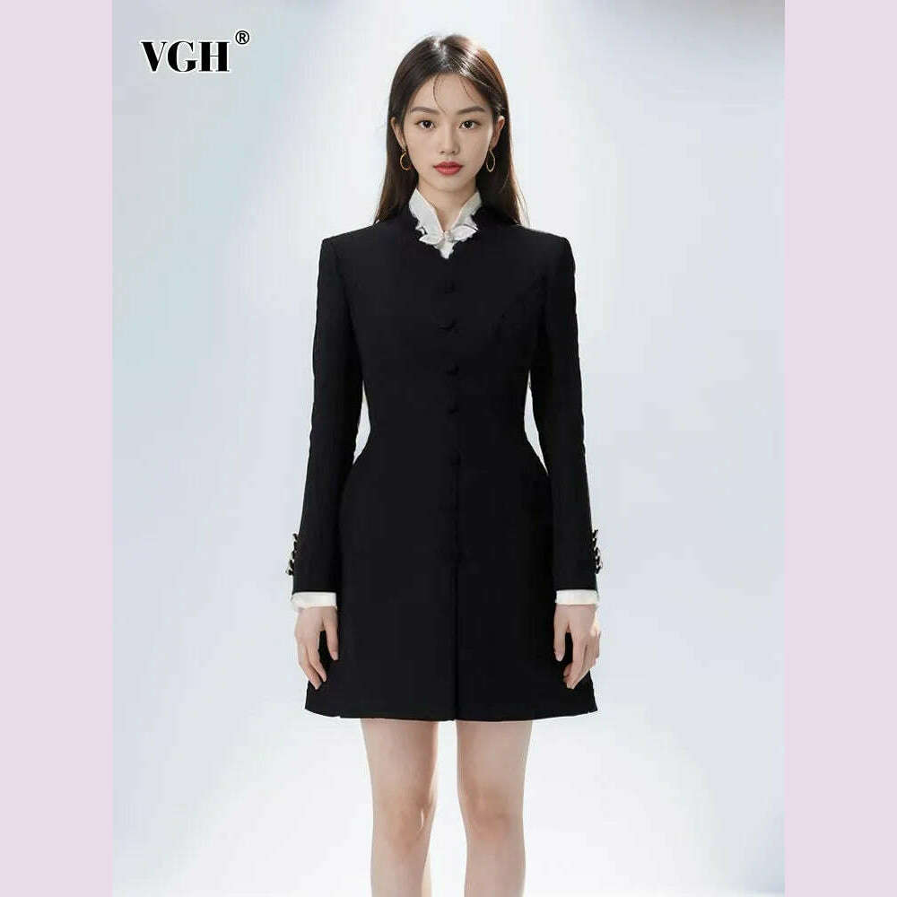 VGH Hit Color Patchwork Bowknot Slimming Dress For Women Stand Collar Long Sleeve High Waist Temperament Dresses Female Fashion - KIMLUD