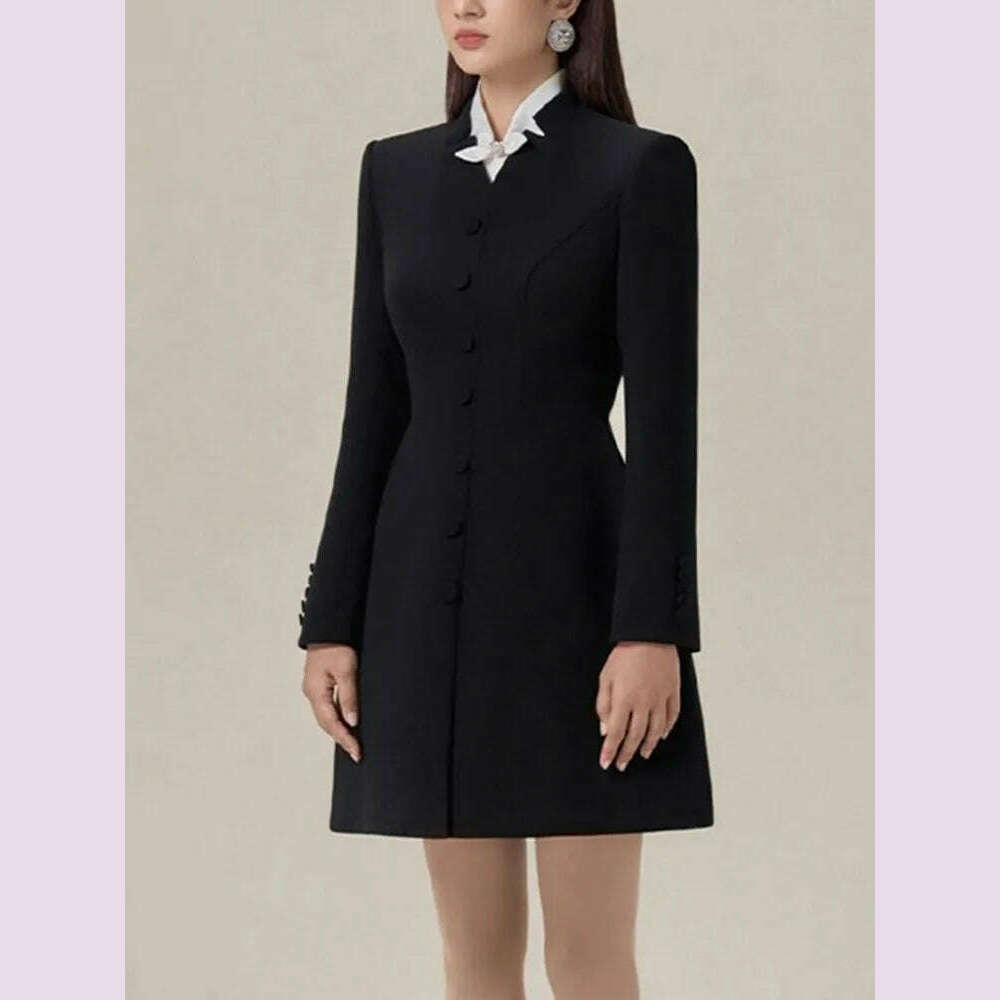 VGH Hit Color Patchwork Bowknot Slimming Dress For Women Stand Collar Long Sleeve High Waist Temperament Dresses Female Fashion - KIMLUD