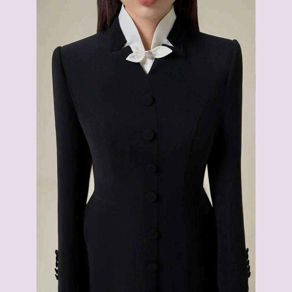 VGH Hit Color Patchwork Bowknot Slimming Dress For Women Stand Collar Long Sleeve High Waist Temperament Dresses Female Fashion - KIMLUD