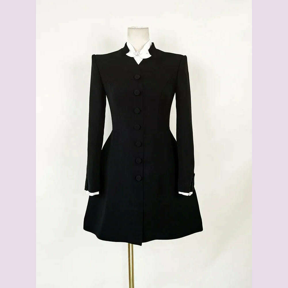 VGH Hit Color Patchwork Bowknot Slimming Dress For Women Stand Collar Long Sleeve High Waist Temperament Dresses Female Fashion - KIMLUD