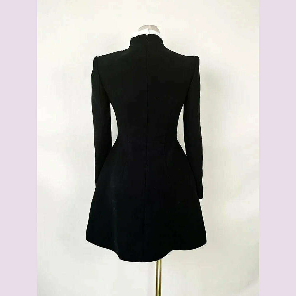 VGH Hit Color Patchwork Bowknot Slimming Dress For Women Stand Collar Long Sleeve High Waist Temperament Dresses Female Fashion - KIMLUD