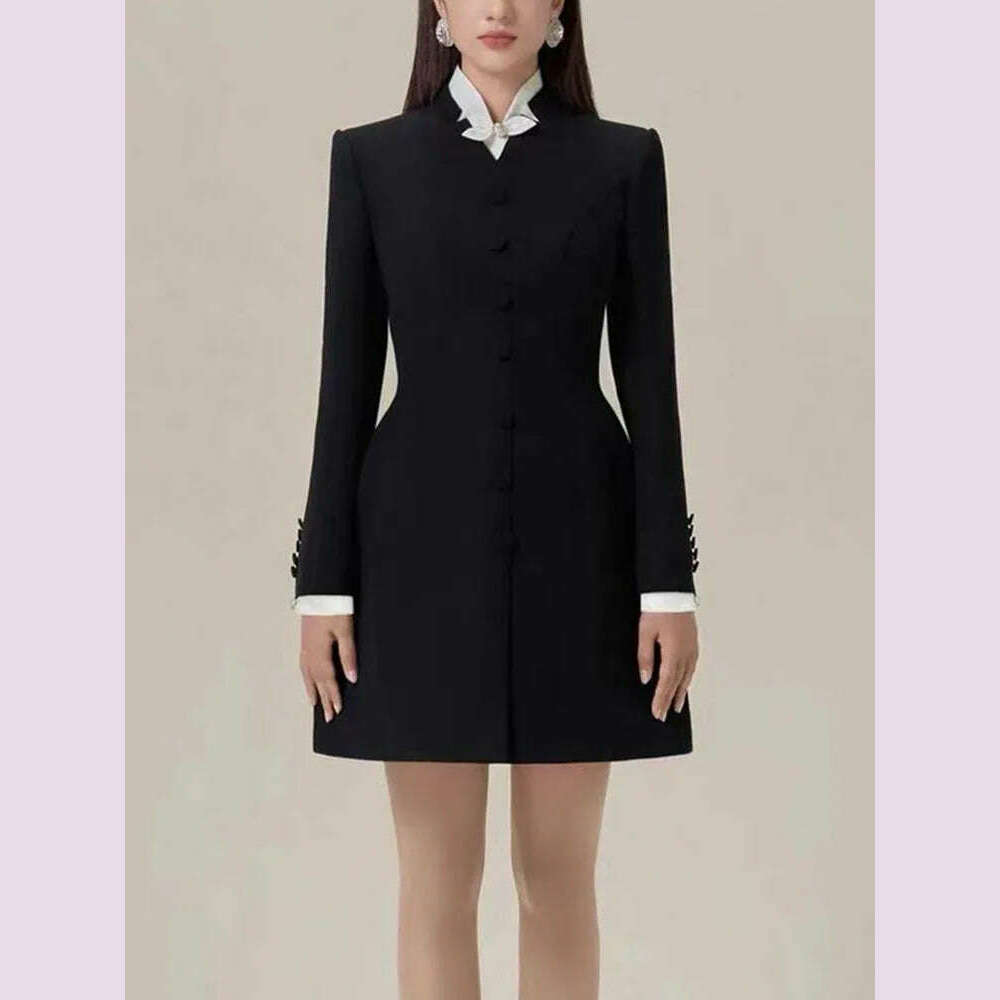 VGH Hit Color Patchwork Bowknot Slimming Dress For Women Stand Collar Long Sleeve High Waist Temperament Dresses Female Fashion - KIMLUD