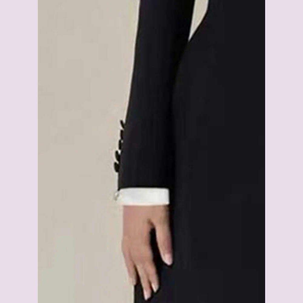 VGH Hit Color Patchwork Bowknot Slimming Dress For Women Stand Collar Long Sleeve High Waist Temperament Dresses Female Fashion - KIMLUD