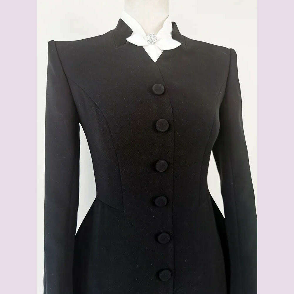 VGH Hit Color Patchwork Bowknot Slimming Dress For Women Stand Collar Long Sleeve High Waist Temperament Dresses Female Fashion - KIMLUD