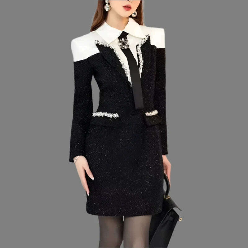 KIMLUD, VGH Hit Color Patchwork Diamonds Temperament Dress For Women Lapel Long Sleeve Spliced Lace Up Elegant Dresses Female Fashion, KIMLUD Womens Clothes