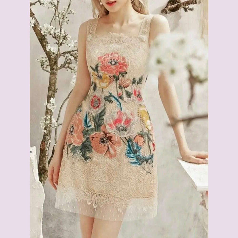 VGH hit color patchwork embroidery elegant dress for women square collar sleeveless high waist spliced mesh mini dresses female - KIMLUD