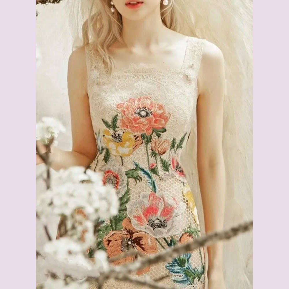 VGH hit color patchwork embroidery elegant dress for women square collar sleeveless high waist spliced mesh mini dresses female - KIMLUD