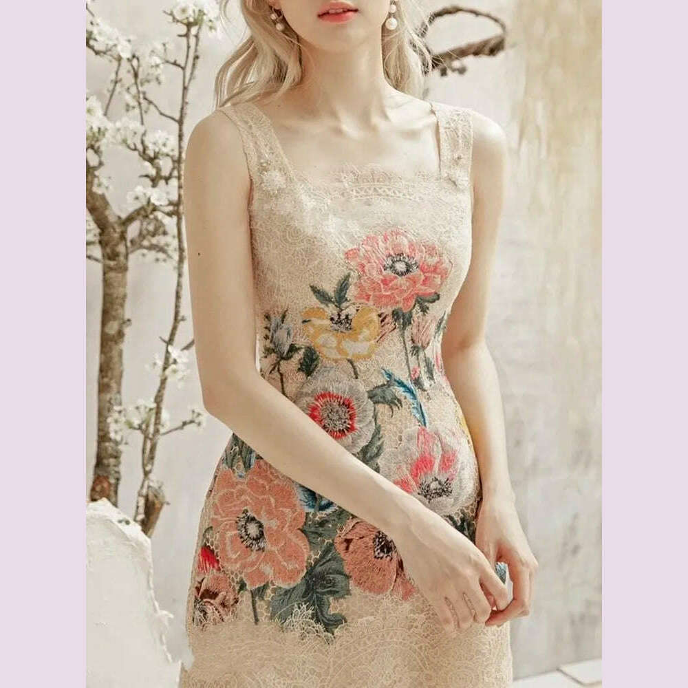 VGH hit color patchwork embroidery elegant dress for women square collar sleeveless high waist spliced mesh mini dresses female - KIMLUD