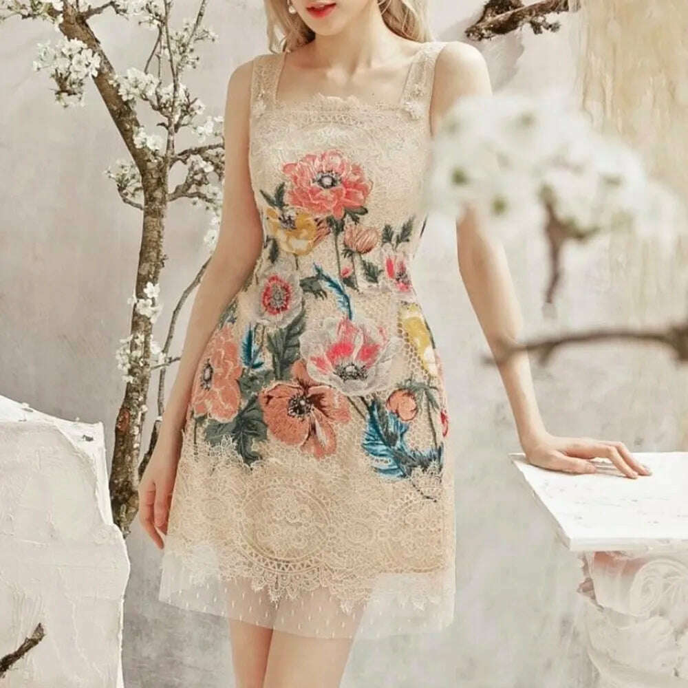 VGH hit color patchwork embroidery elegant dress for women square collar sleeveless high waist spliced mesh mini dresses female - KIMLUD