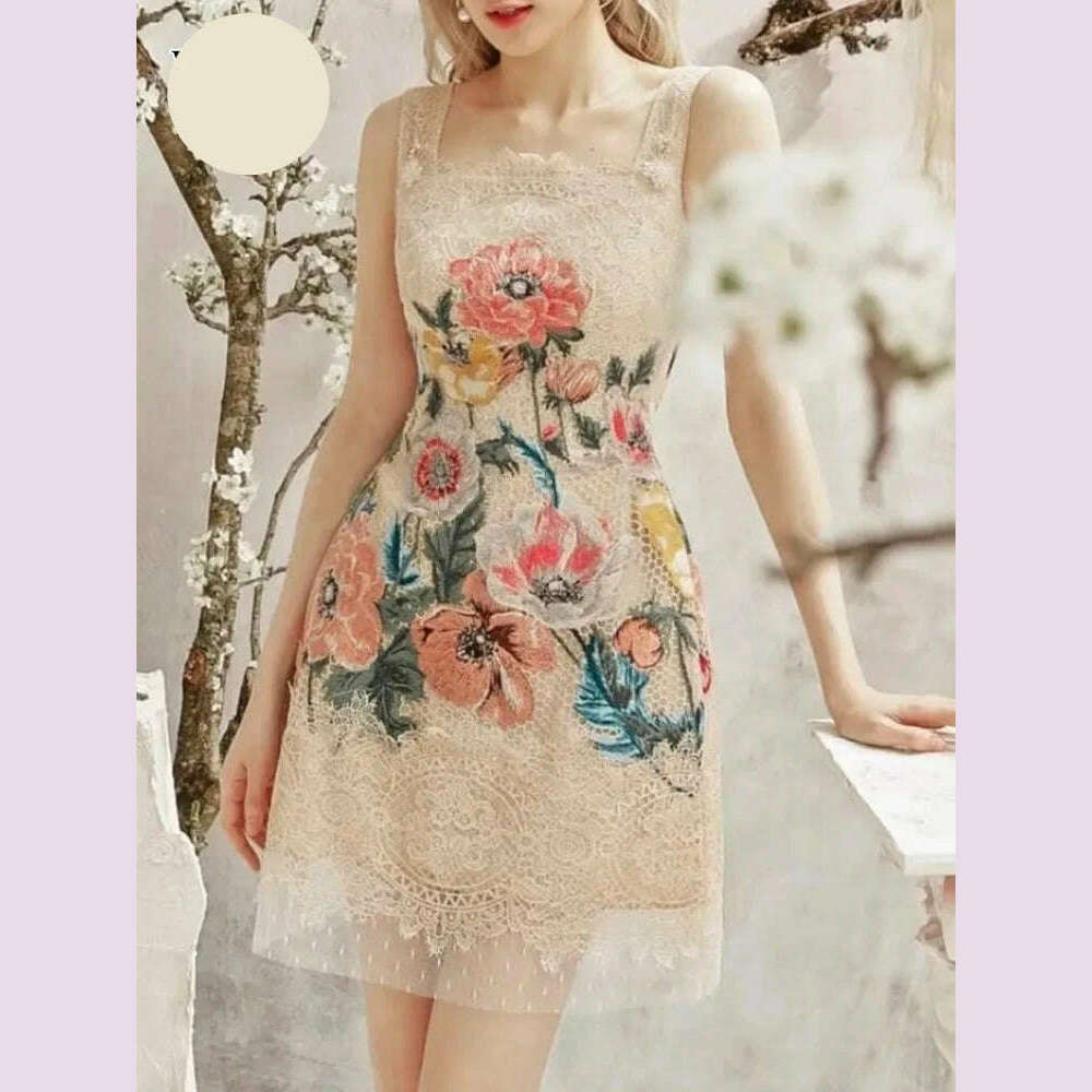 VGH hit color patchwork embroidery elegant dress for women square collar sleeveless high waist spliced mesh mini dresses female - KIMLUD