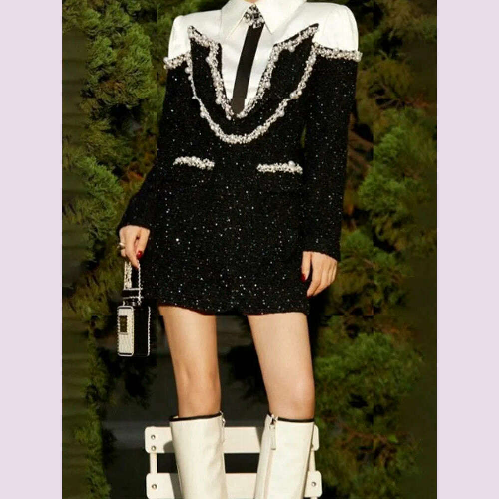 KIMLUD, VGH Hit Color Patchwork Pearls Short Dress For Women Lapel Long Sleeve High Waist Spliced Sequins Elegant Dress Female Fashion, KIMLUD Womens Clothes