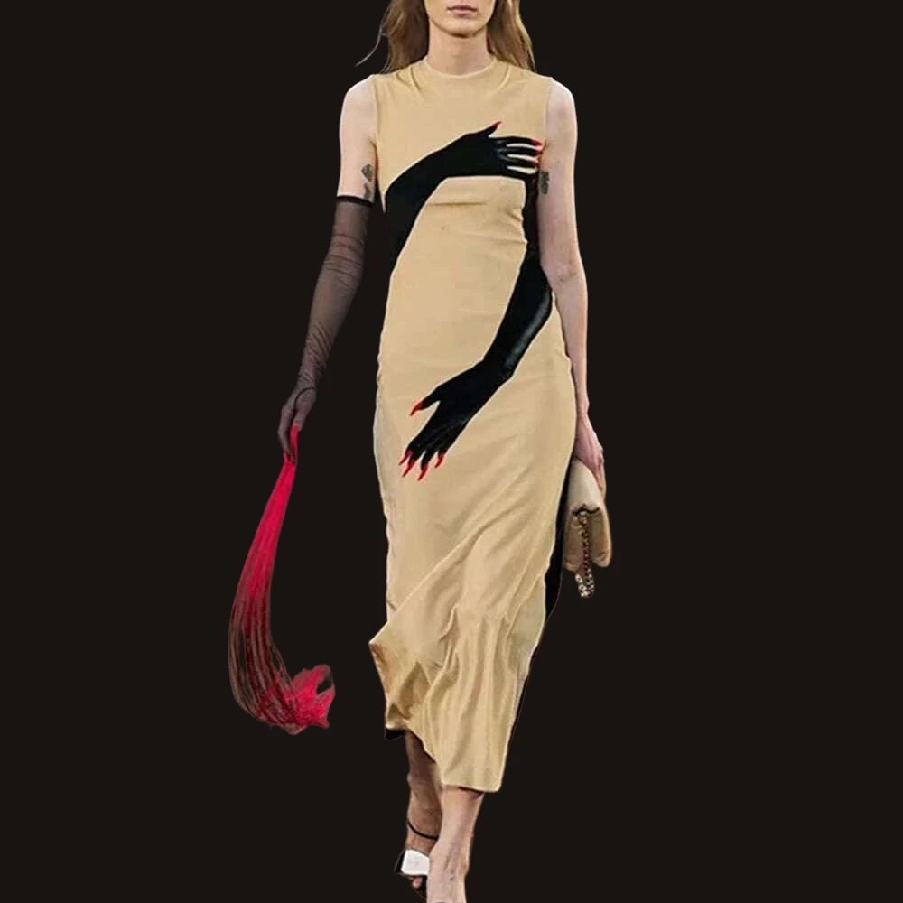 KIMLUD, VGH Hit Color Printting Elegant Dresses For Women Round Neck Sleeveless High Waist Temperament Slimming Dress Female Fashion New, ASPICTURE / L, KIMLUD APPAREL - Womens Clothes