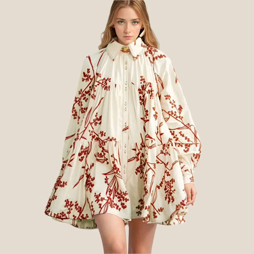 VGH Hit Color Spliced Embroidery Mini Dress For Women Lapel Collar Lantern Sleeve Patchwork Single Breasted Dresses Female New - KIMLUD